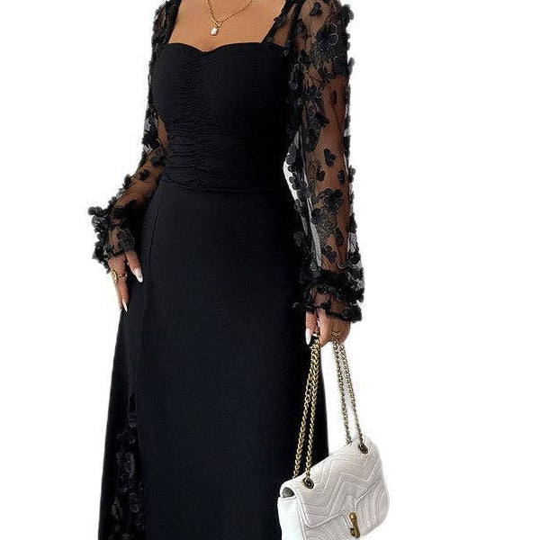 Womens Black Floral Mesh Long Sleeve Maxi Dress neckline and mesh detail cropped from front view