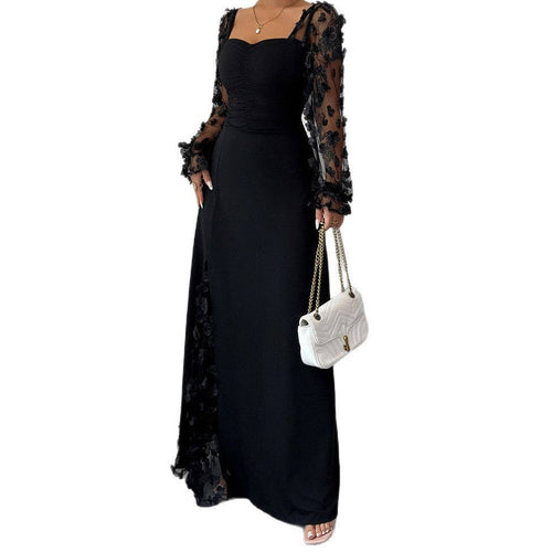 Womens Black Floral Mesh Long Sleeve Maxi Dress front view