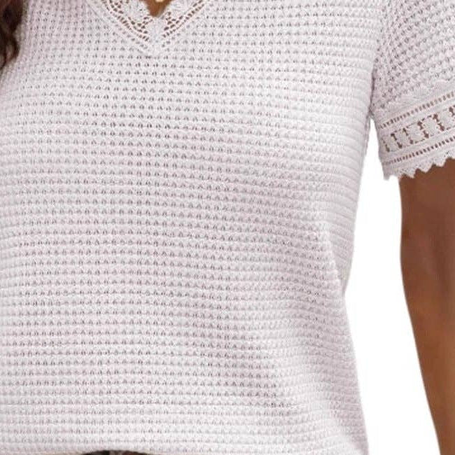 Womens White Lace Trim Waffle Knit Short Sleeve Top detail cropped from front view