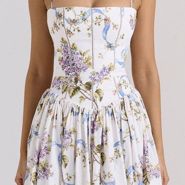 Womens White Floral Spaghetti Strap Corset Maxi Dress detail cropped from front view