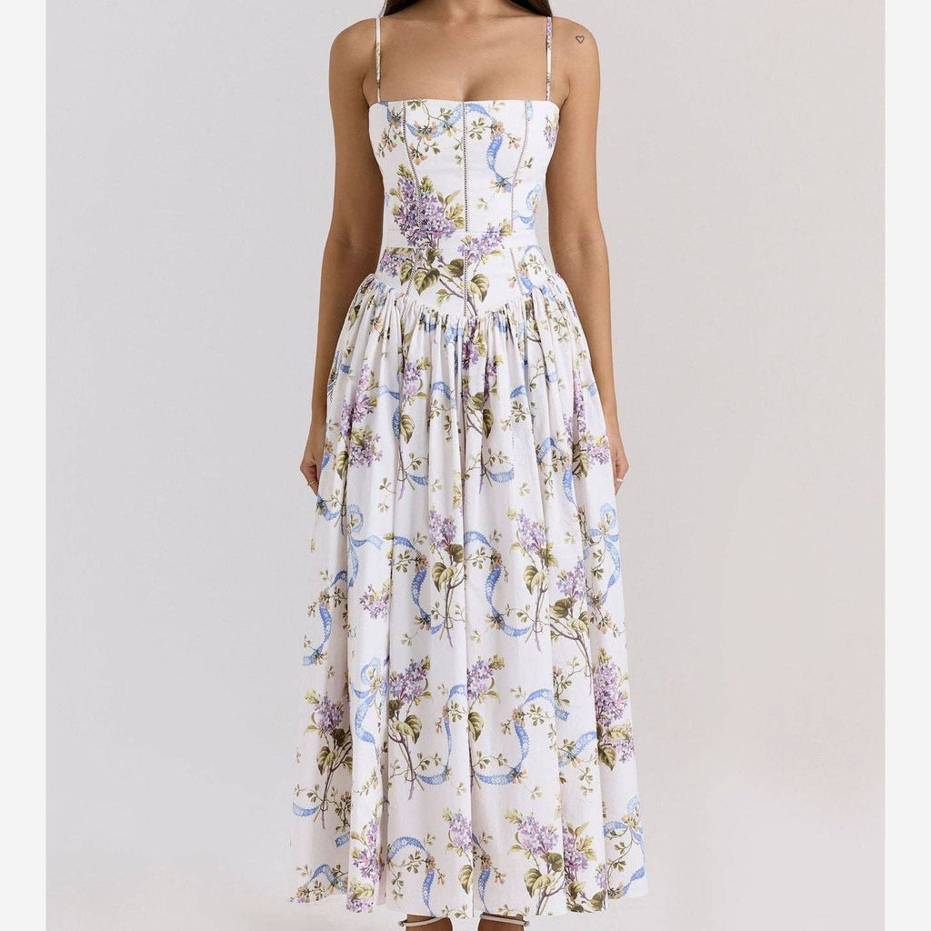Womens White Floral Spaghetti Strap Corset Maxi Dress front view