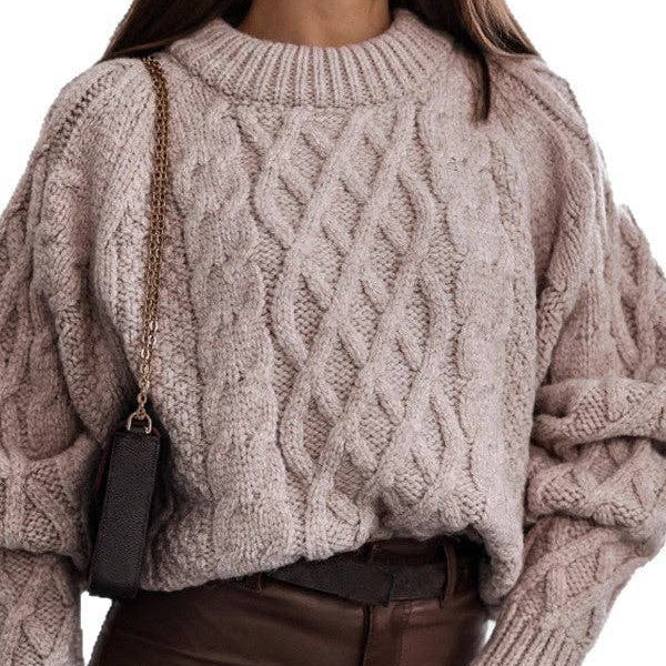 Womens Light Khaki Cable Knit Balloon Sleeve Sweater detail cropped from front view