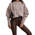 Womens Light Khaki Cable Knit Balloon Sleeve Sweater front view
