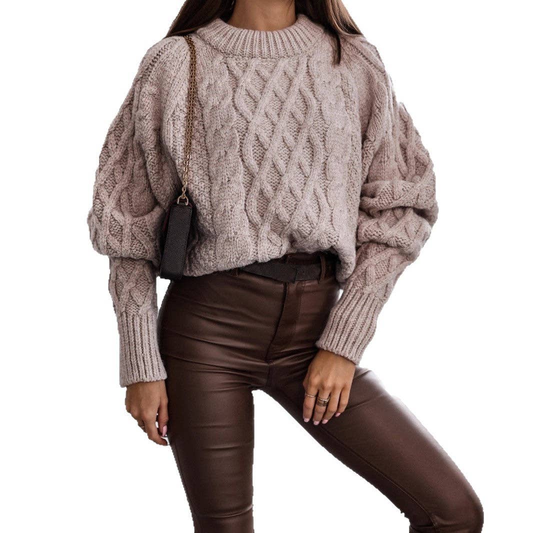 Womens Light Khaki Cable Knit Balloon Sleeve Sweater front view