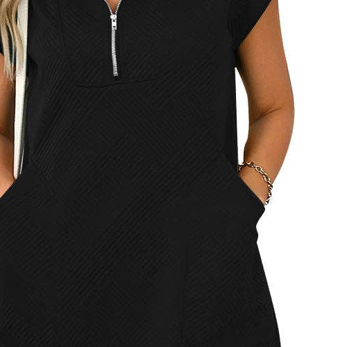 Womens Black Short Sleeve Zip Neck Pocket Dress detail cropped from front view