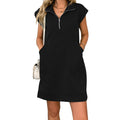 Womens Black Short Sleeve Zip Neck Pocket Dress front view