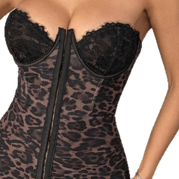 Womens Leopard Print Strapless Lace Trim Mini Dress detail cropped from front view