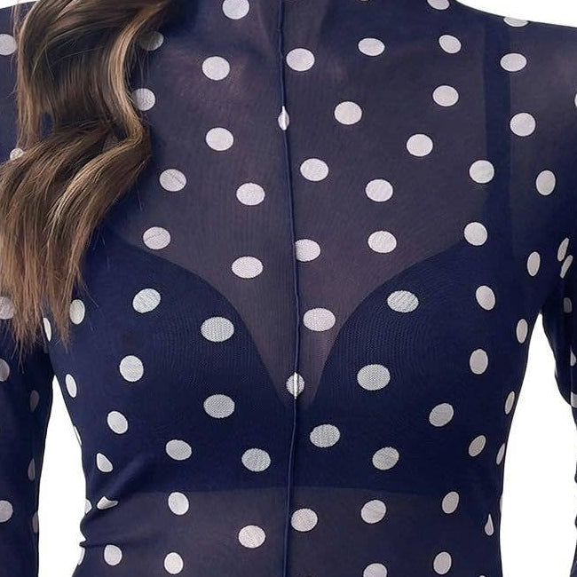 Womens Navy Polka Dot Sheer Mock Neck Top detail cropped from front view