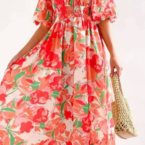 Womens Red Floral Puff Sleeve Dress detail cropped from front view