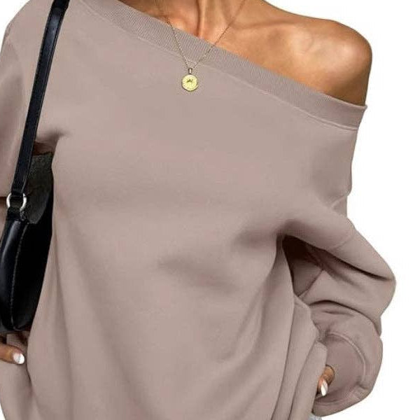 Womens Camel One Shoulder Long Sleeve Sweatshirt detail cropped from front view