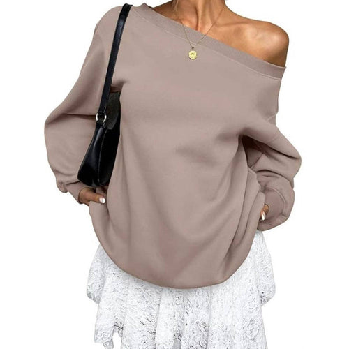 Womens Camel One Shoulder Long Sleeve Sweatshirt front view